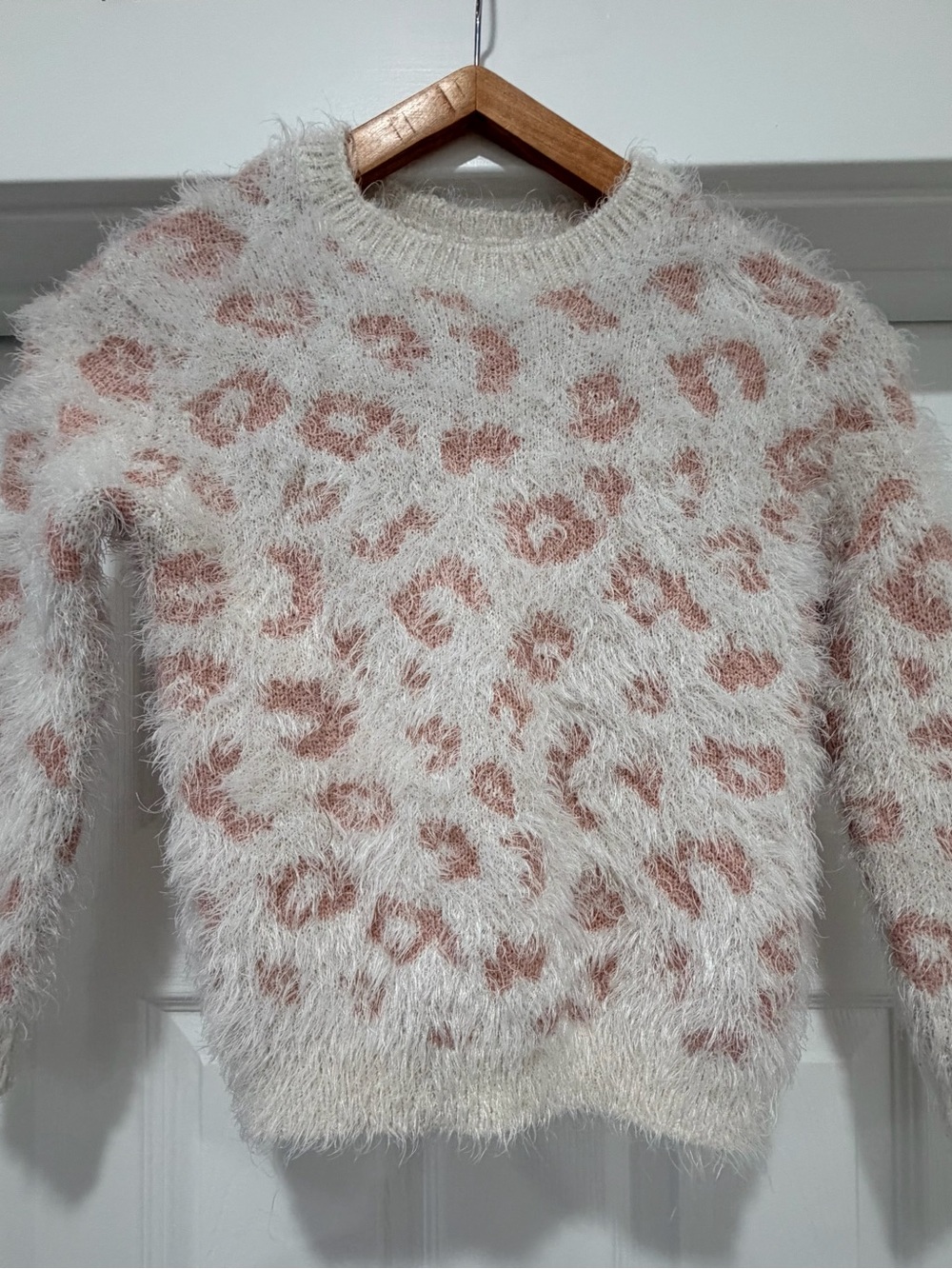 Jessica Simpson Cream Fuzzy Leopard Print Sweater with Dusty Rose Spots- Girls